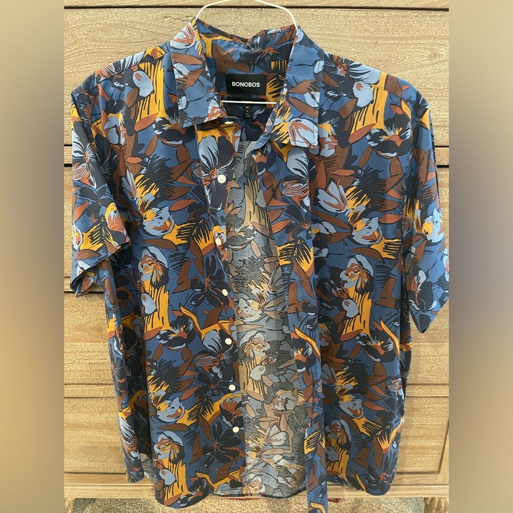 BONOBOS Short Sleeve Button-Up Shirt Slim Fit Floral Large